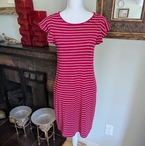 White House Black Market Sm Flounce Sleeve Stripe Knit Dress Red/Pink White 168